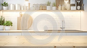Generative AI Empty beautiful wood table  top counter  and blur bokeh modern kitchen interior background in clean