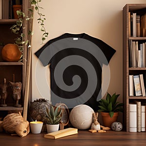 Generative AI.Empty black t-shirt mockup on a hanger in the room, front view