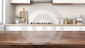 Generative AI empty brown wooden counter for product display on blurred white home kitchen interior background bus