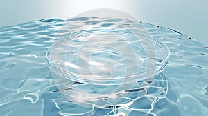 Generative AI Empty clear glass circle podium on blue transparent calm water texture with waves in sunlight Abstra