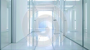 Generative AI Empty corridor hallway of modern white office building room with glass entrance door business blur b