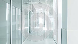 Generative AI Empty corridor hallway of modern white office building room with glass entrance door business blur b