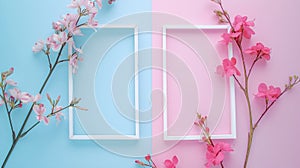 Generative AI Empty frame and flowers flat lay on blue and pink pastel background with copy space Soft effect filt