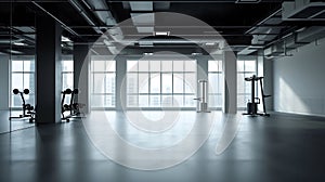 Generative AI Empty gym, fitness or floor space for training hall in open room or health studio for exercise or wo