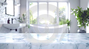 Generative AI Empty marble top table with blurred bathroom interior Background for product display montage busines