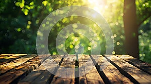 Generative AI Empty rustic wooden texture of old wood table top blur against green park with defocused sunlight bl