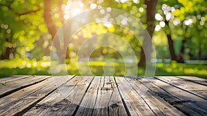 Generative AI Empty rustic wooden texture of old wood table top blur against green park with defocused sunlight bl