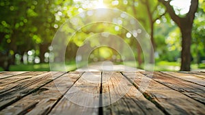 Generative AI Empty rustic wooden texture of old wood table top blur against green park with defocused sunlight bl