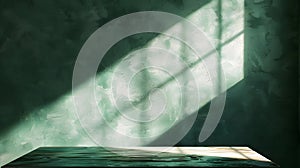 Generative AI Empty table on dark green plaster wall background Composition with window shadow on the wall and lig