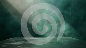 Generative AI Empty table on dark green plaster wall background Composition with window shadow on the wall and lig