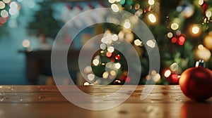 Generative AI Empty table in front of christmas tree with decoration background business concept.