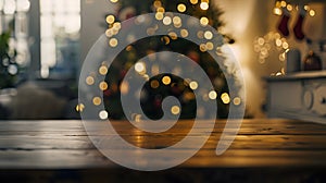 Generative AI Empty table in front of christmas tree with decoration background business concept.