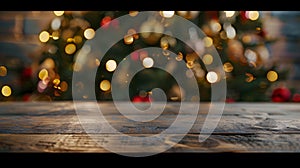 Generative AI Empty table in front of christmas tree with decoration background business concept.