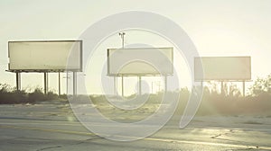 Generative AI Empty white horizontal billboards at the roadside for mock up Asphalt road blank four billboards sun