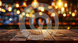 Generative AI Empty wood table top of bar with blur of cafe restaurant in dark night backgroundselective focus For