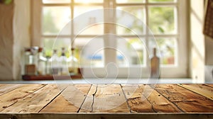 Generative AI Empty wood table top on blur kitchen window background For product or foods montage business concept