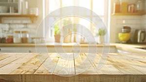 Generative AI Empty wood table top on blur kitchen window background For product or foods montage business concept