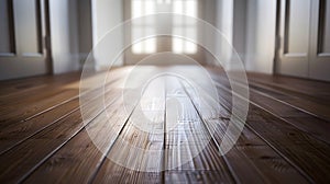 Generative AI Empty wooden floor closeup and room ceiling and doors with light reflection business concept.