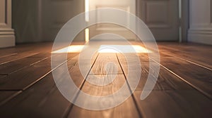 Generative AI Empty wooden floor closeup and room ceiling and doors with light reflection business concept.