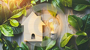 Generative AI Energy saving lightbulb with green leaves and wooden house symbol background Save energy eco home co