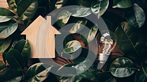Generative AI Energy saving lightbulb with green leaves and wooden house symbol background Save energy eco home co