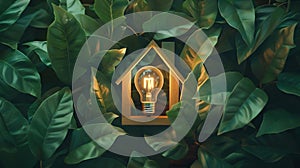Generative AI Energy saving lightbulb with green leaves and wooden house symbol background Save energy eco home co