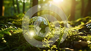 Generative AI Environment Concept - Globe Glass In Green Forest With Sunlight business concept.