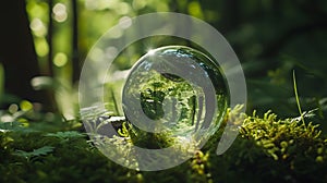 Generative AI Environment Concept - Globe Glass In Green Forest With Sunlight business concept.