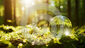 Generative AI Environment Concept - Globe Glass In Green Forest With Sunlight business concept.