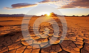 Expansive Desert Landscape with Cracked Earth Foreground Leading to Rolling Sand Dunes Under a Golden Sunrise, Symbolizing Aridity photo