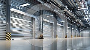 Generative AI Factory or warehouse or industrial building. Protection with roller door or roller shutter. Modern i