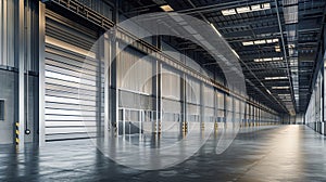 Generative AI Factory or warehouse or industrial building. Protection with roller door or roller shutter. Modern i