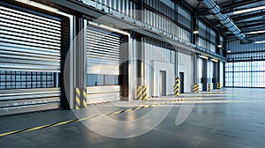 Generative AI Factory or warehouse or industrial building. Protection with roller door or roller shutter. Modern i