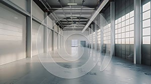 Generative AI Factory or warehouse or industrial building. Protection with roller door or roller shutter. Modern i