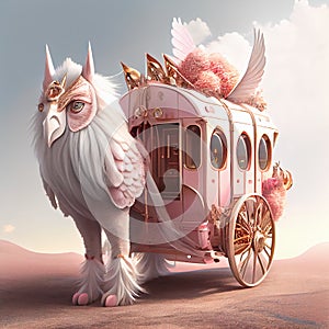 Generative AI:fairytale pink carriage with beautiful animal in an enchanted landscape
