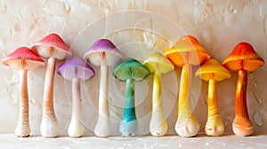 Generative AI. Fanciful Colorful Mushrooms Arranged on Counter