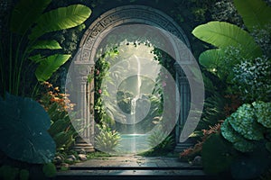 Generative AI of a fantasy garden in the middle of the jungle