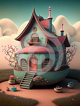 Generative AI:fantasy house with strange shapes and pastel colors