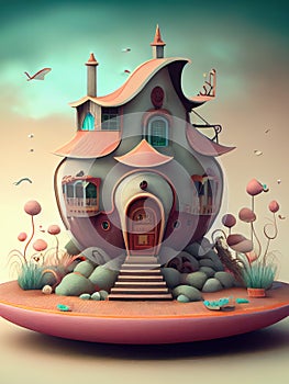 Generative AI:fantasy house with strange shapes and pastel colors