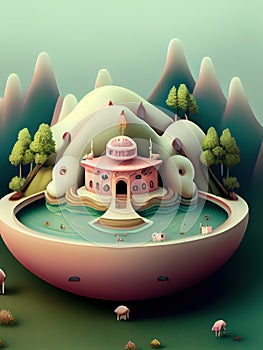 Generative AI:fantasy house with strange shapes and pastel colors