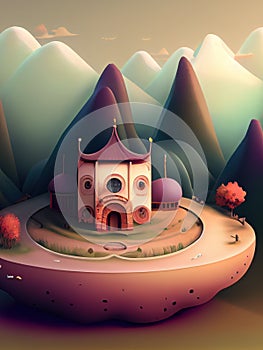 Generative AI:fantasy house with strange shapes and pastel colors