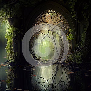 Generative AI: fantasy landscape in the forest with branches