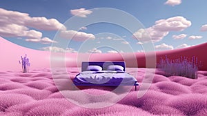 Generative AI, Fantasy purple relax room with dreamy bed and beautiful landscape with clouds. Bedroom in calm lavender and violet