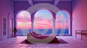 Generative AI, Fantasy purple relax room with dreamy bed, windows and beautiful landscape with clouds. Bedroom in calm lavender