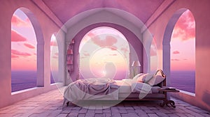 Generative AI, Fantasy purple relax room with dreamy bed, windows and beautiful landscape with clouds. Bedroom in calm lavender