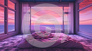 Generative AI, Fantasy purple relax room with dreamy bed, windows and beautiful landscape with clouds. Bedroom in calm lavender