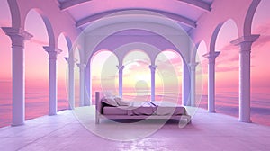Generative AI, Fantasy purple relax room with dreamy bed, windows and beautiful landscape with clouds. Bedroom in calm lavender