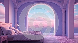 Generative AI, Fantasy purple relax room with dreamy bed, windows and beautiful landscape with clouds. Bedroom in calm lavender an