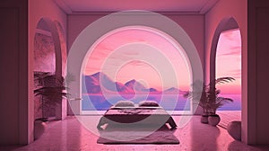 Generative AI, Fantasy purple relax room with dreamy bed, windows and beautiful landscape with clouds. Bedroom in calm lavender an