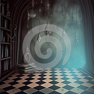 Generative AI: fantasy room with checkered floor and books